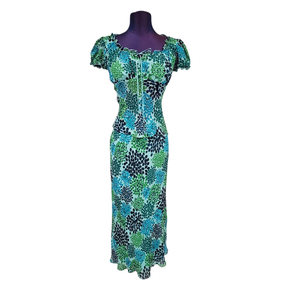 Vintage 90s Express Floral 100% Silk 2 Piece Skirt Set Maxi Fairy XS F52 - Picture 12 of 12